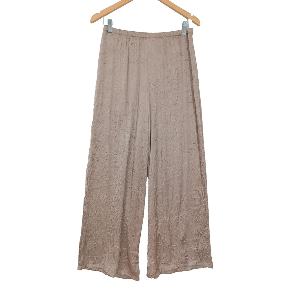 Zara Wrinkle Effect Wide Leg Pants Womens‎ S Beige Satin Boho Coastal Minimalist